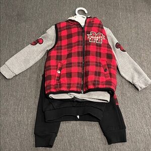 Three Piece Mickey Red Plaid Vest and Gray Sleeve Set